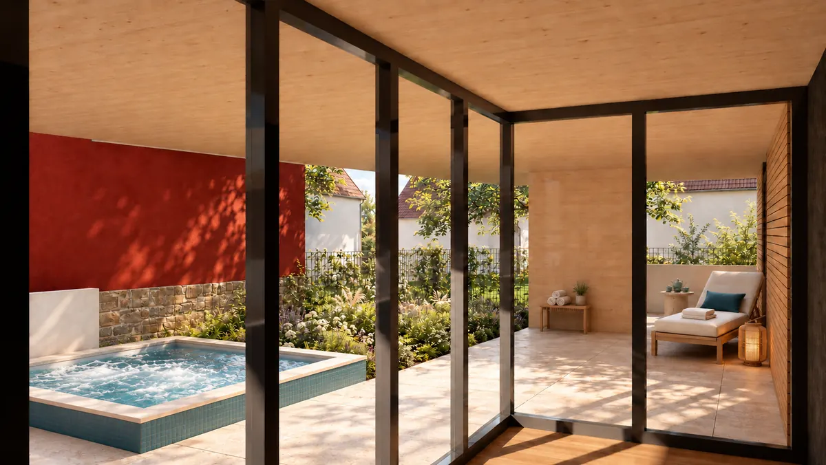 Der Blick durch die Verglasung auf den Außenraum einer Einheit: links ein rechteckiger Pool im Boden vor einer roten Wand über einer Bruchsteinmauer, rechts eine Liege unter der Decke aus Brettsperrholz, dazwischen bepflanzte Beete und ein Zaun zum Nachbargrundstück.