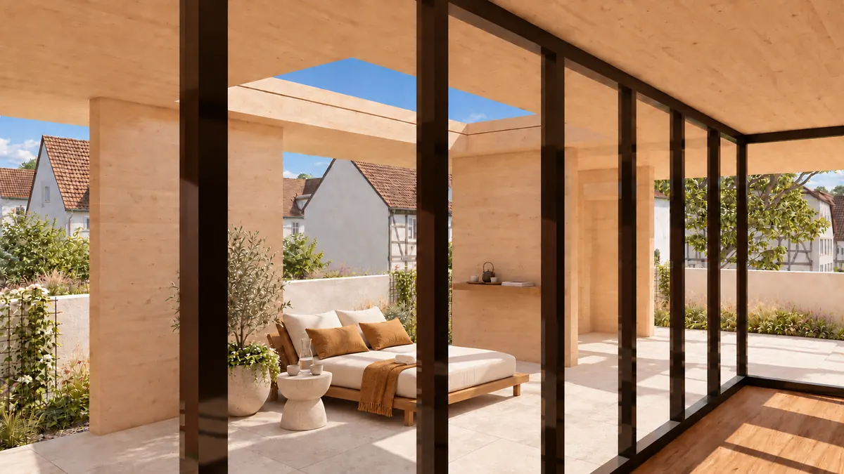 Blick durch die raumhohe Verglasung einer Einheit auf die überdeckte Terrasse: ein Bett mit Kissen und Decke unter der Decke aus Brettsperrholz, links ein Olivenbäumchen im Kübel vor einer hellen Wand, in der Decke eine Öffnung zum Himmel; dahinter die Ziegeldächer und ein Fachwerkhaus des Orts.