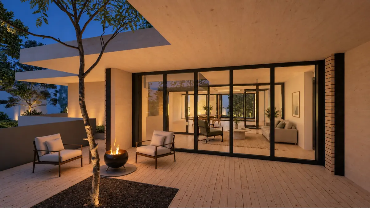 Eine Terrasse am Abend: auf den Dielen brennt eine Feuerschale zwischen zwei Sesseln, links ein Baum, rechts die Fensterwand zum hell erleuchteten Wohnraum.