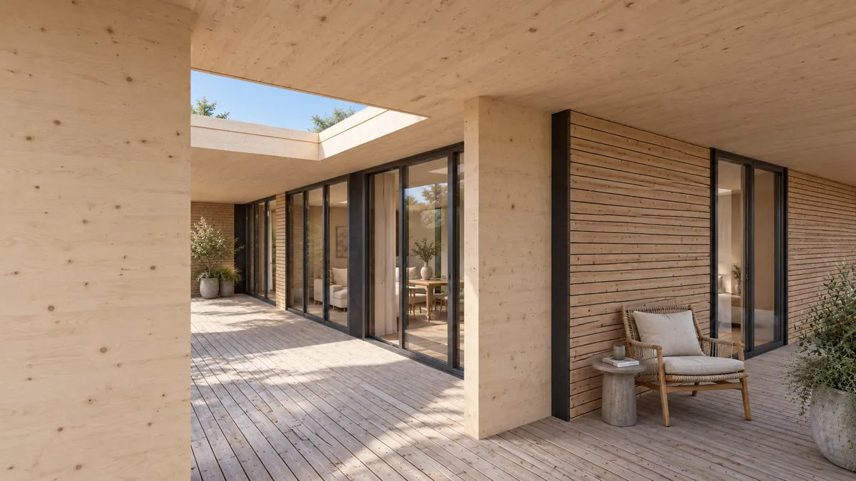 Ein überdeckter Weg zwischen den Wohnungen: Boden, Stützen und Decke aus Holz, links eine Öffnung zum Himmel, rechts eine Wand aus Holzlattung mit einem Sessel und einem Beistelltisch, dahinter die raumhohen Schiebetüren der Wohnungen und Pflanzkübel.