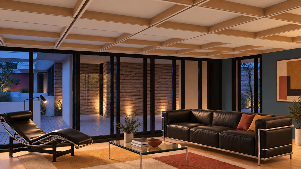 Ein Wohnraum am Abend unter der Rippendecke aus Holz: links eine Liege aus Stahlrohr und Leder, rechts ein dunkles Sofa; hinter der schwarz gerahmten Fensterwand liegt der beleuchtete Hof mit der Backsteinwand.