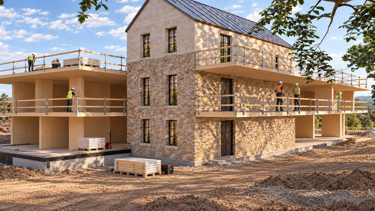 Die zweite Deckenplatte liegt, mit Geländer und Materialpaletten darauf; der Holzbau hat die halbe Höhe des Steinbaus erreicht.