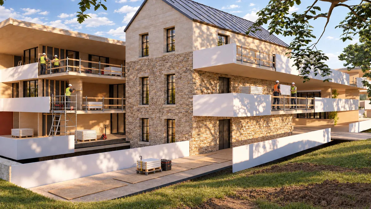 Der Ausbau beginnt: an der linken Ebene sitzen die ersten Verglasungen und weißen Brüstungsbänder, eine Leiter steht an der Fassade; der Vorplatz ist gepflastert.