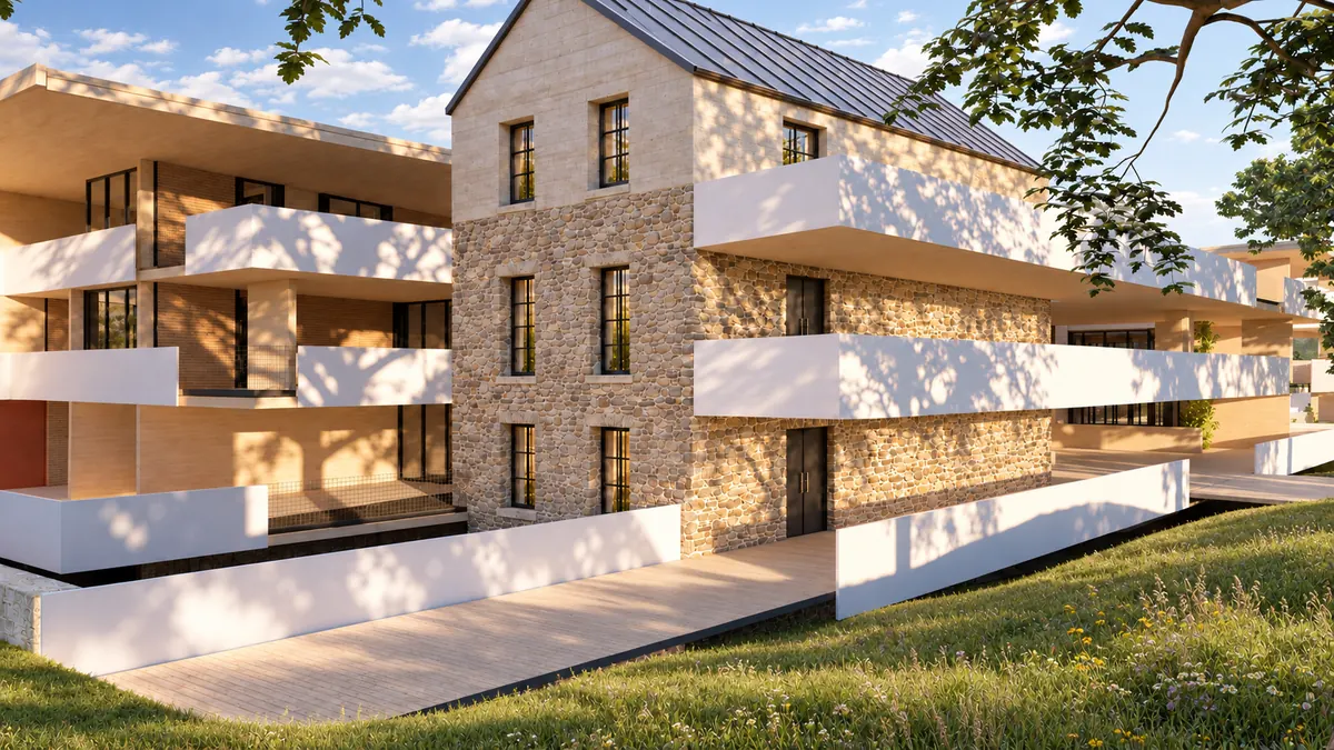 Das fertige Haus im Abendlicht: der Steinbau in der Mitte, links und rechts die Ebenen aus Holz mit weißen Brüstungen und raumhoher Verglasung, davor die Wiese.