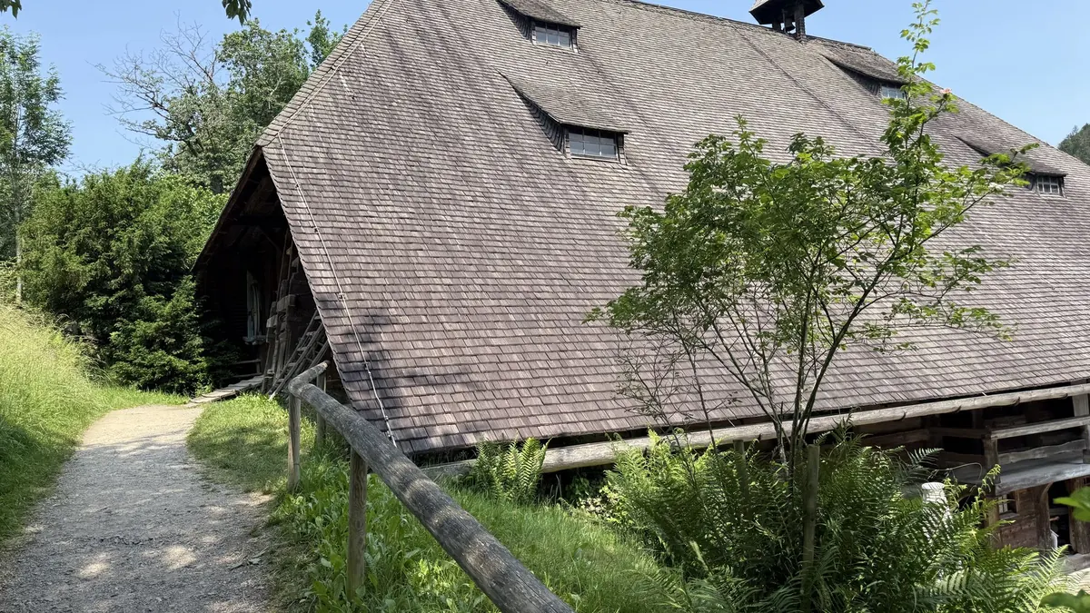 Ein Höhenhaus im Schwarzwald: Das Schindeldach reicht auf der einen Seite bis zum Boden, darunter liegen die Geschosse; links führt ein Weg bergauf.