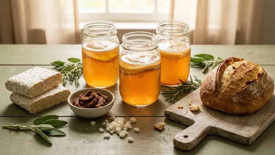 Ein Fenstertisch mit drei Bügelgläsern Kombucha, gestapeltem Tempeh, einer Schale Miso, Kefirknollen, frischen Kräutern und einem Laib Sauerteigbrot auf dem Brett