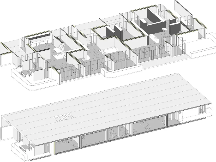 Zwei Schrägansichten desselben Hauses auf einer Ebene: oben ohne Dach, mit den Wohnungen, ihren Wänden, Küchen und Möbeln, unten geschlossen unter dem durchgehenden flachen Dach, mit großen Glasflächen und einer Terrasse an der Stirnseite.
