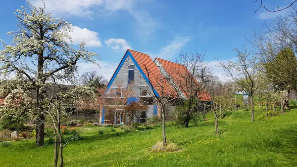 Dasselbe Haus von der Wiese — Streuobst rundherum; die Giebelseite öffnet sich nach Süden.